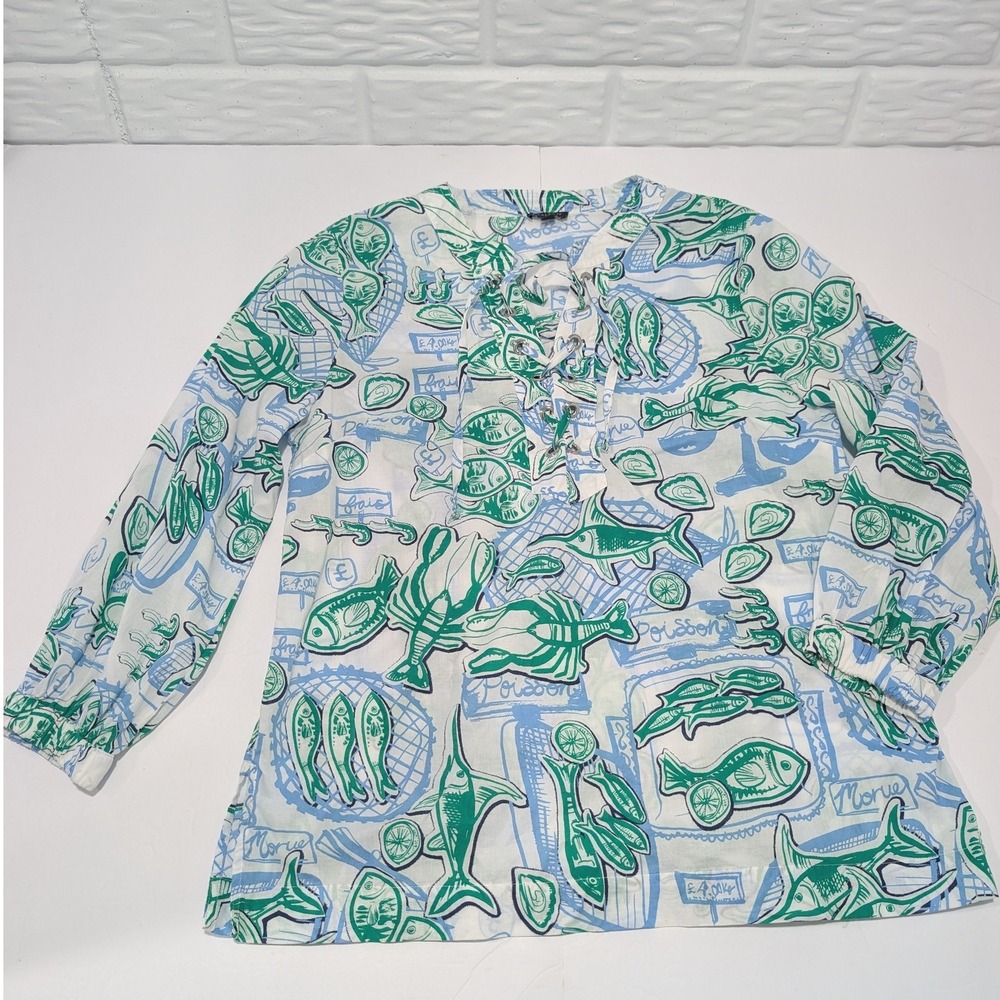 Talbots Petite Cotton Lace Up Sardine Top Blue Green Fish Nautical Print SP